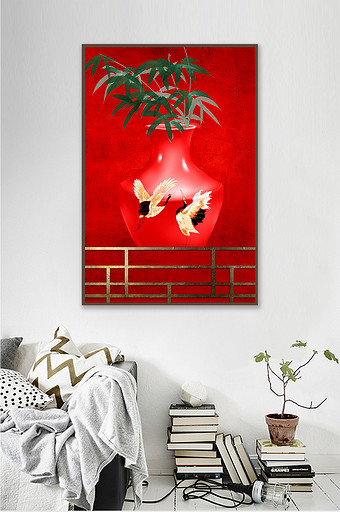 新中式红色花瓶艺术仙鹤竹子中国风装饰画图片