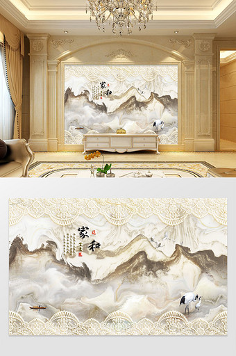 中式大气意境山水大理石山水壁画背景墙图片