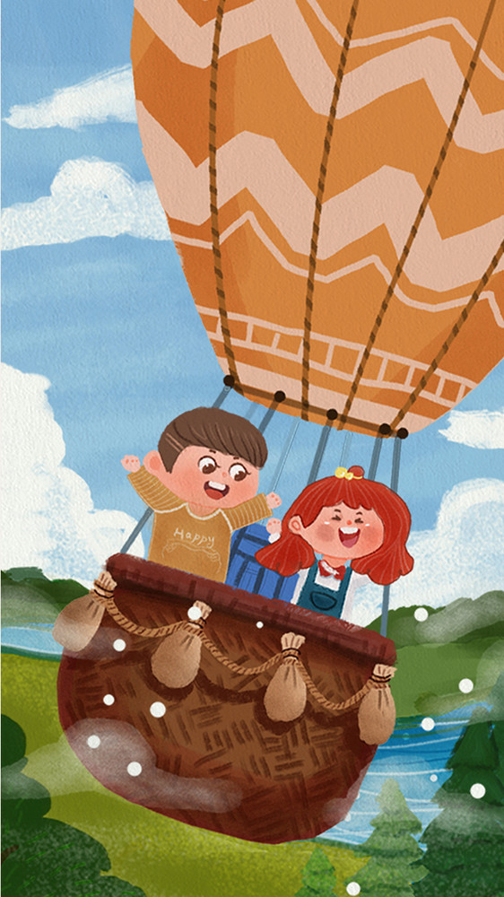 卡通人物热气球环游世界旅游插画