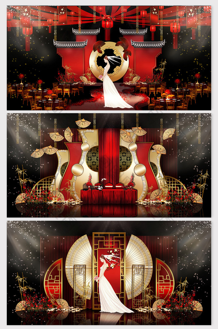 经典时尚古风红金色系中式婚礼现场效果图