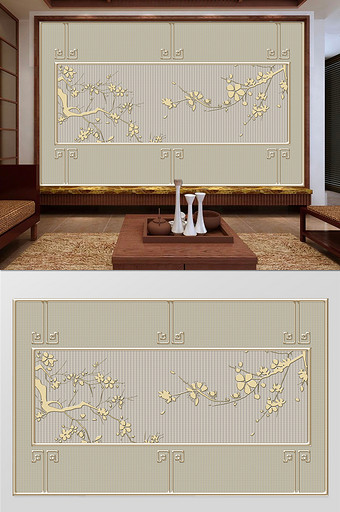 新中式烫金玉兰花国画客厅书房背景墙图片