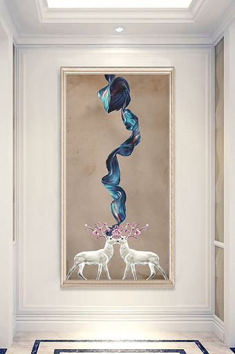 简欧抽象树木麋鹿彩带风景晶瓷玄关装饰画图片