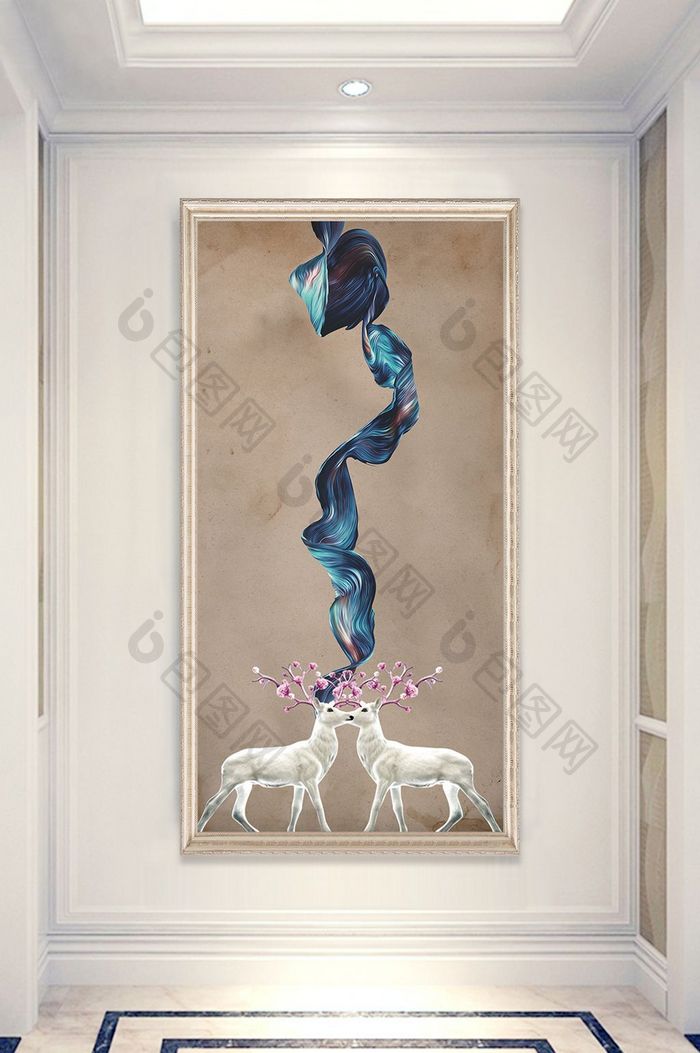 简欧抽象树木麋鹿彩带风景晶瓷玄关装饰画