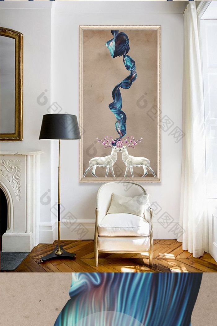 简欧抽象树木麋鹿彩带风景晶瓷玄关装饰画