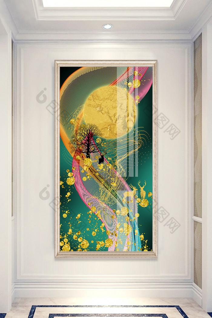 简欧树木金色月亮麋鹿风景晶瓷玄关装饰画图片图片