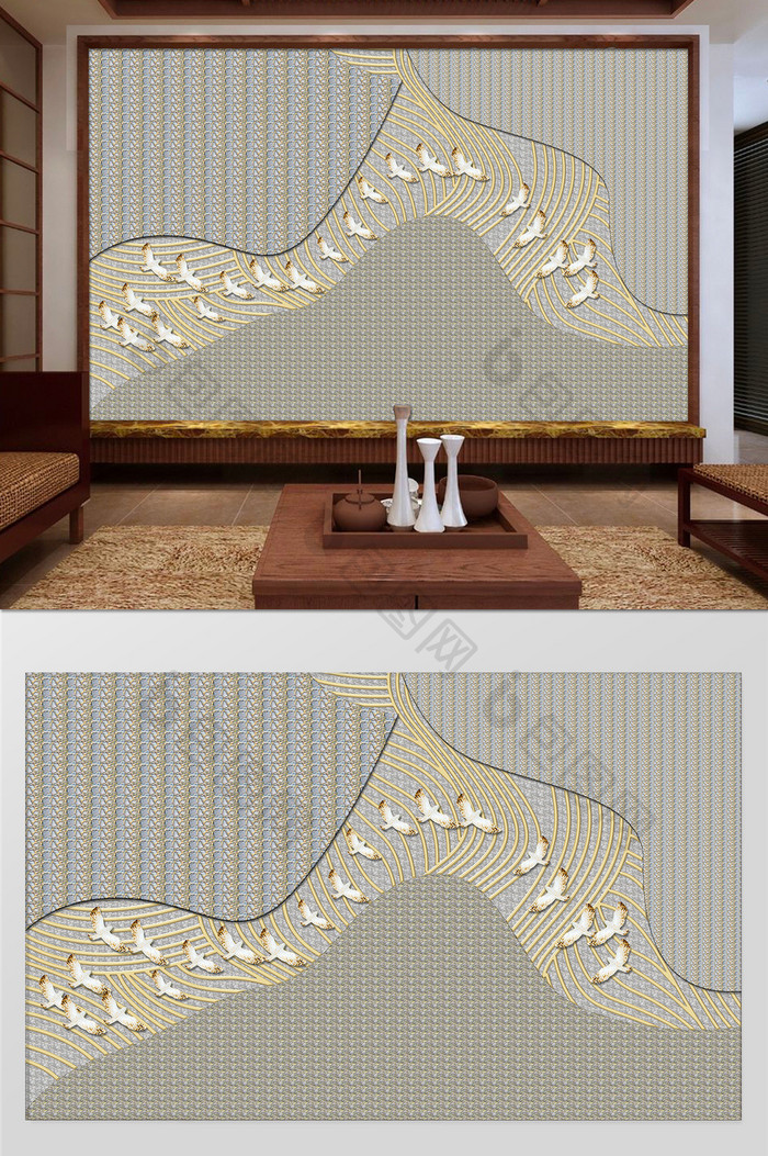 新中式抽象线条浮雕画飞鸟客厅背景墙