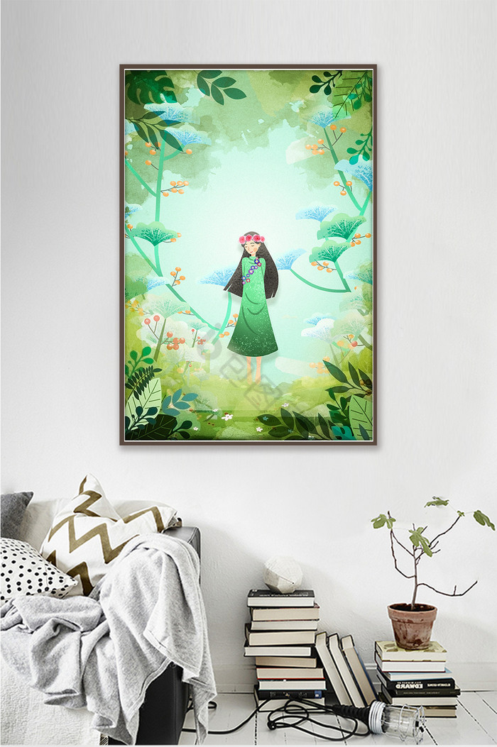绿色森林间行走的女孩装饰画图片