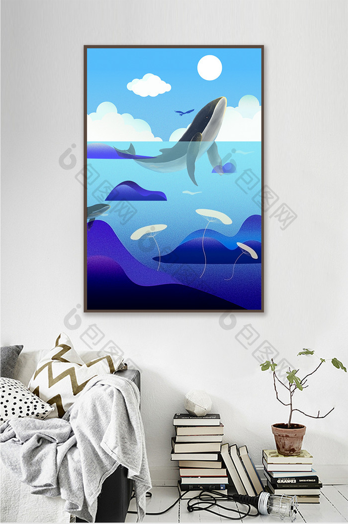 清新蓝色海洋海豚装饰画