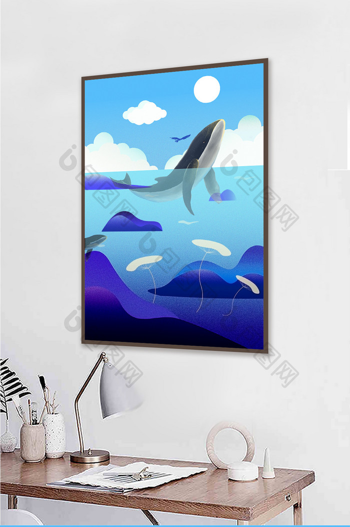 清新蓝色海洋海豚装饰画