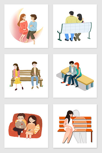 手绘坐着的情侣套图插画元素图片