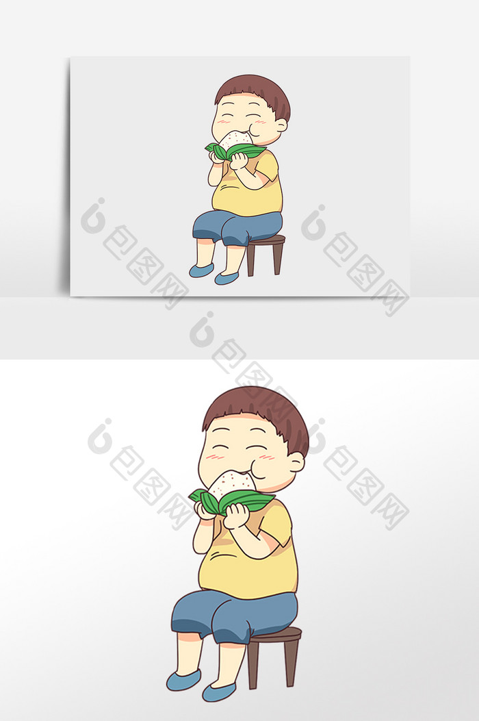 手绘端午节卡通吃粽子男孩插画