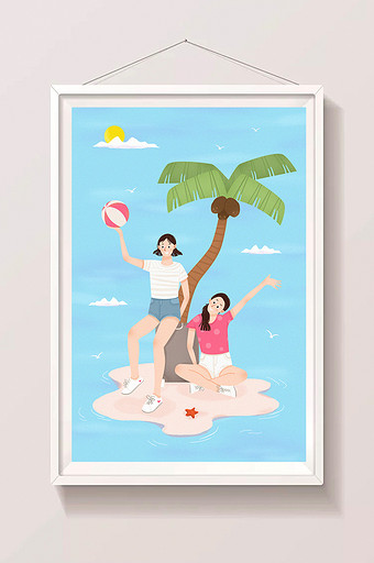 唯美清新五一小长假海岛旅行创意插画图片