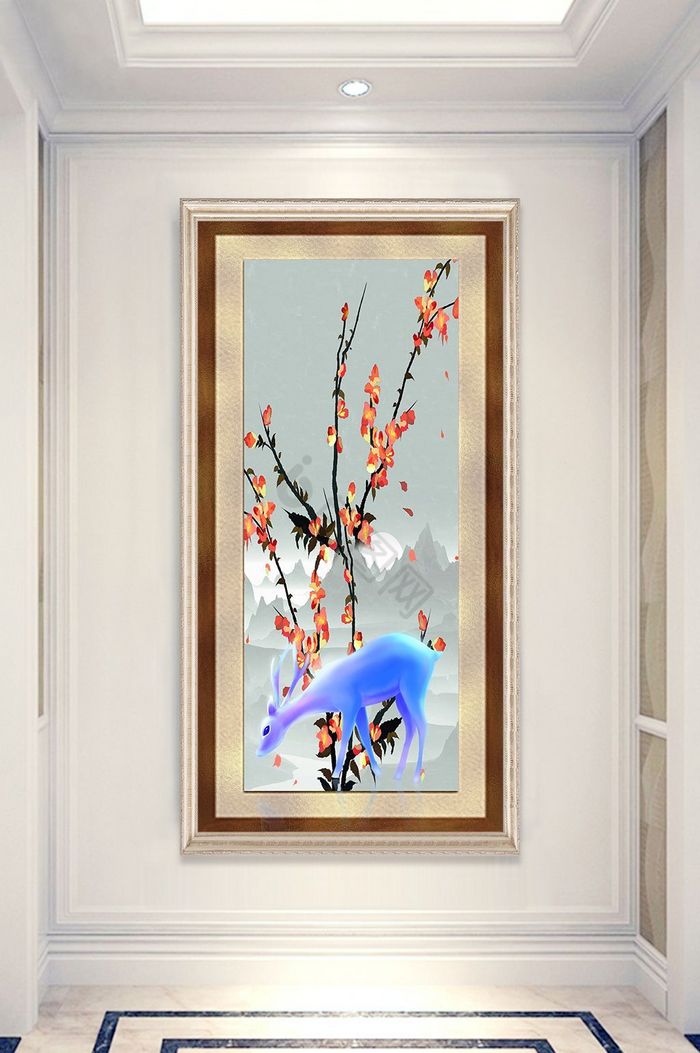 简欧金色麋鹿树木风景晶瓷玄关装饰画图片