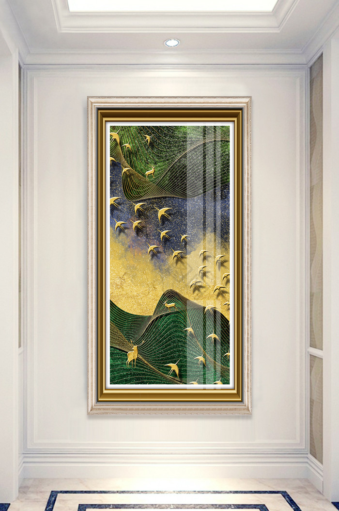 简欧抽象飞鸟麋鹿风景晶瓷玄关装饰画图片