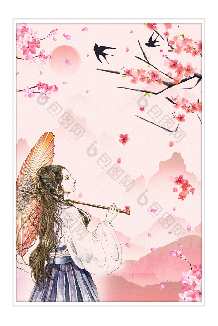 清新浪漫唯美桃花古风女子装饰画