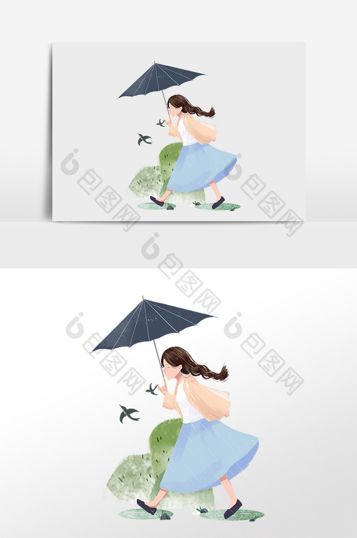 清明节打伞踏青女孩插画图片图片