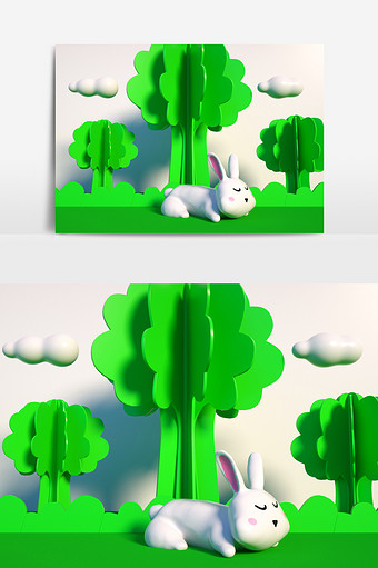 C4D卡通小兔子动物场景模型图片