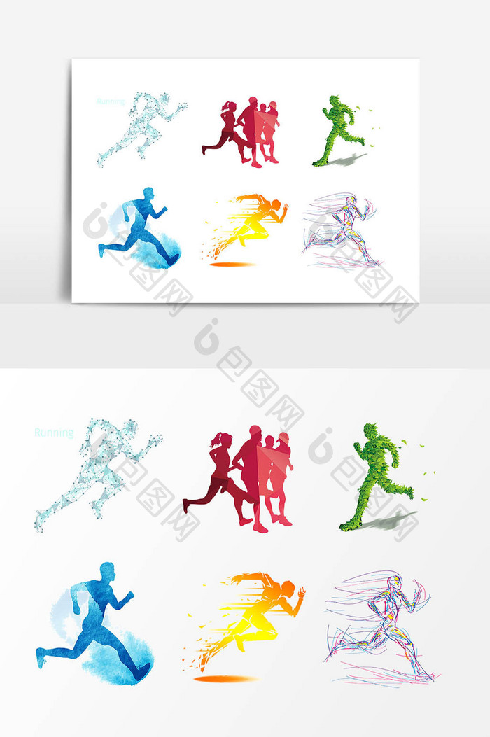 手绘彩色人物跑步剪影元素