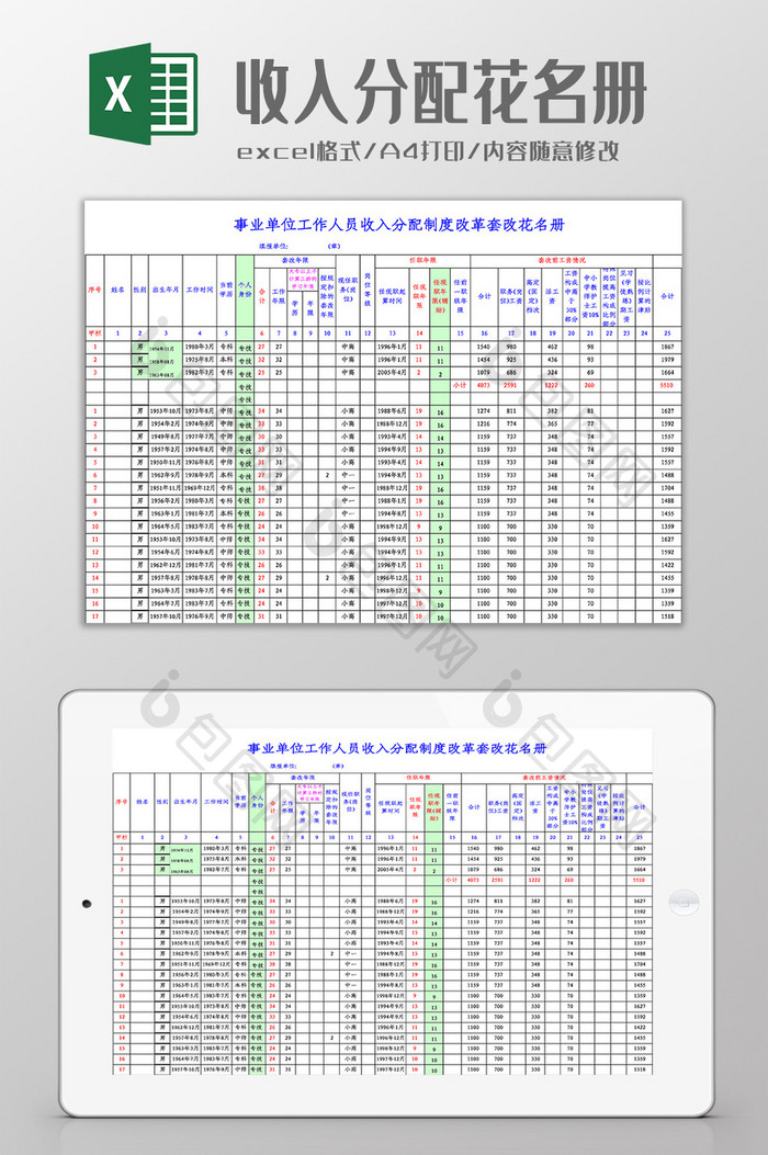 收入分配花名册VBA表Excel模板