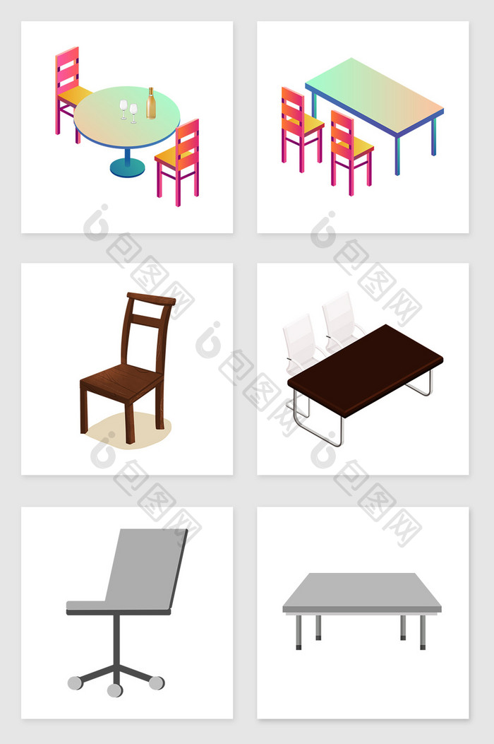 手绘桌子和椅子套图插画元素