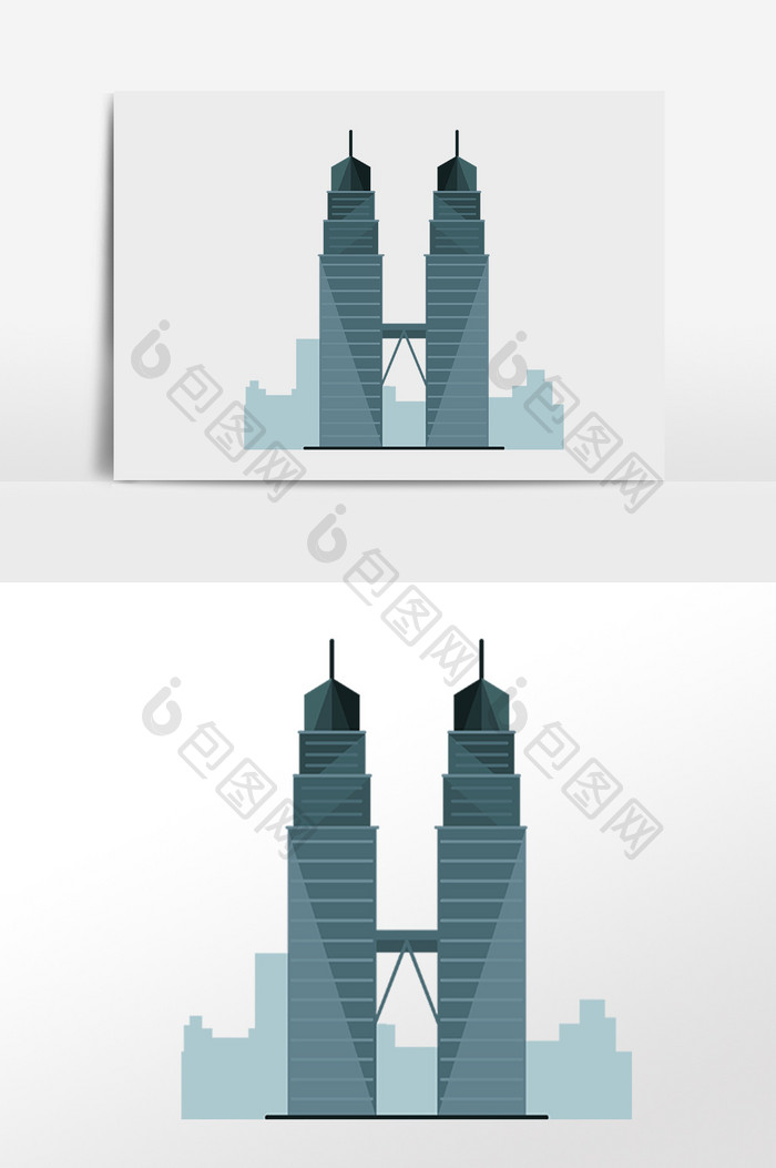 手绘著名城市双子塔建筑插画