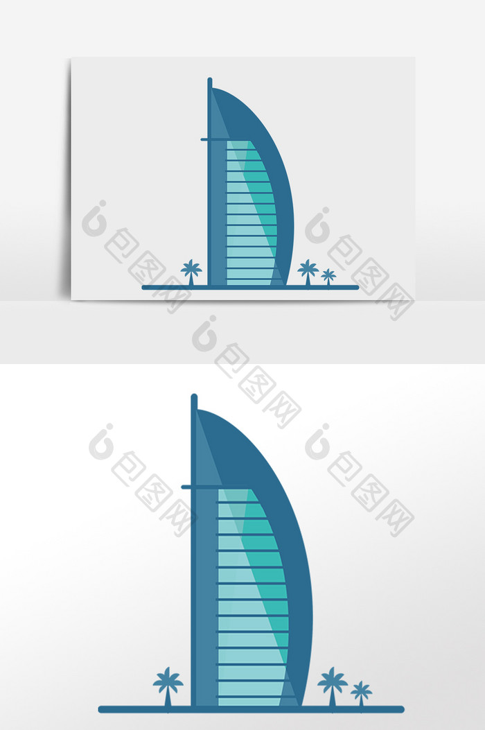 手绘著名城市帆船酒店建筑插画