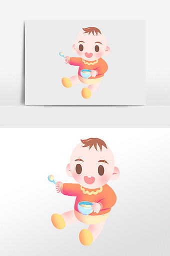 手绘可爱吃饭的宝宝婴儿插画图片