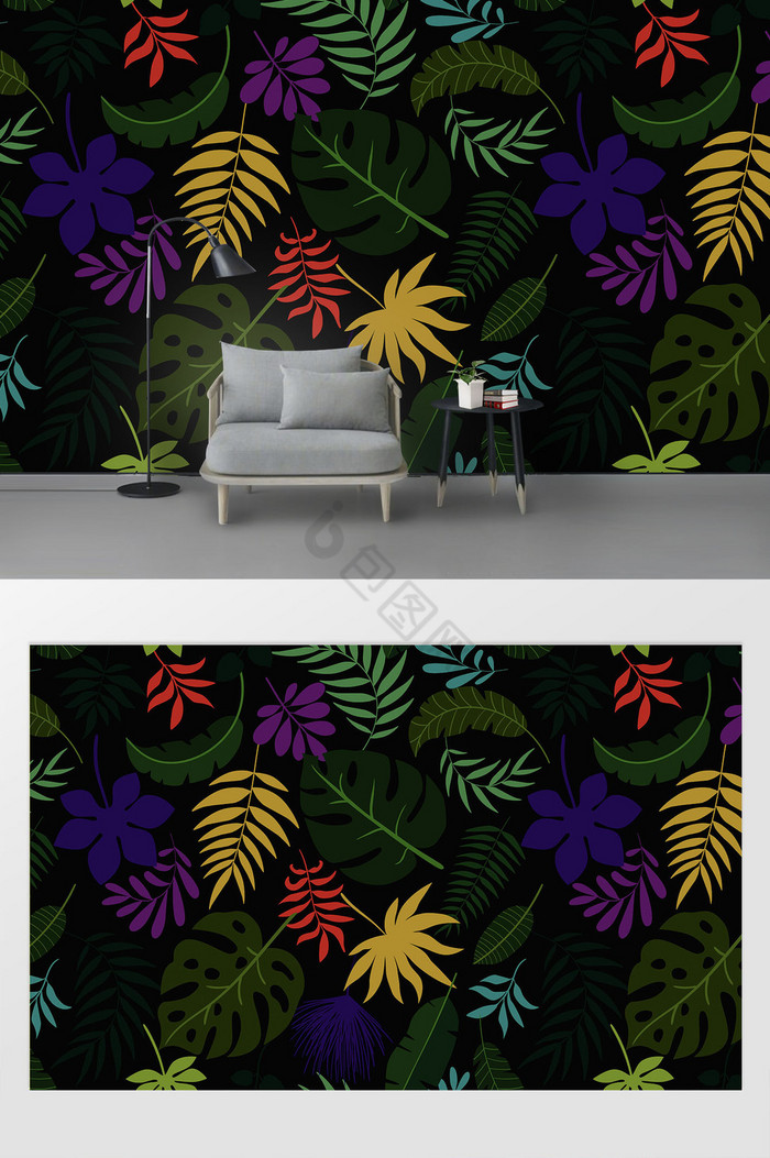 新现代简约手绘水彩热带叶子电视背景墙图片