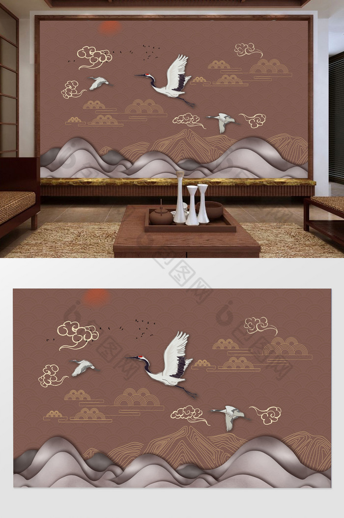 国潮新中式传统纹样山峦背景墙图片图片