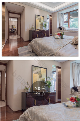 新中式轻奢地产样板间卧室摄影图图片
