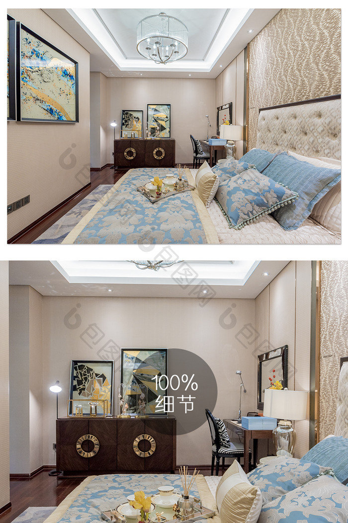新中式奢华样板间卧室摄影图