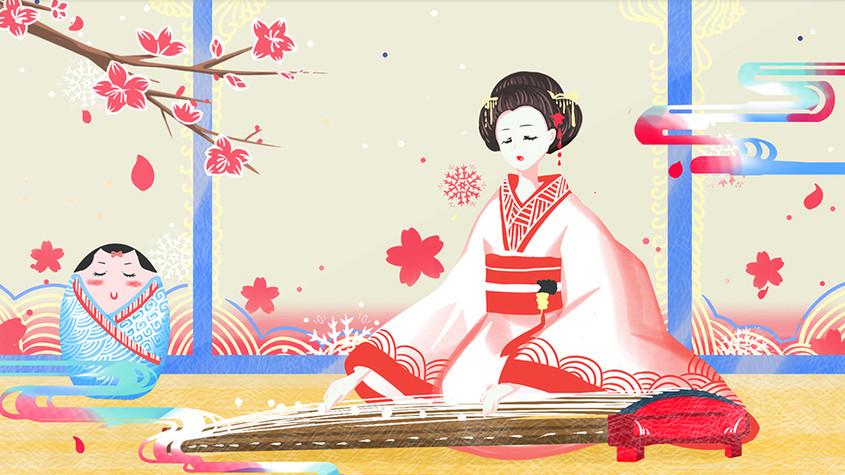 浮世绘唯美华丽日本妇女弹琴gif插画图片