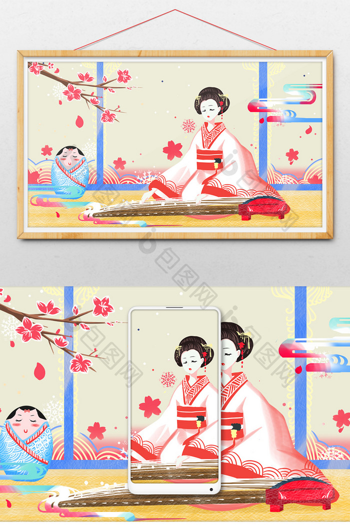 浮世绘唯美华丽日本妇女弹琴gif插画