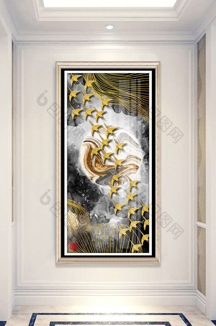 新中式水墨金色立体飞鸟风景晶瓷玄关装饰画图片图片