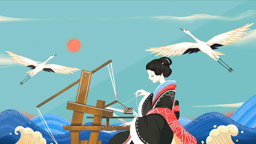 蓝色浮世绘唯美织布鹤的报恩传说gif插画