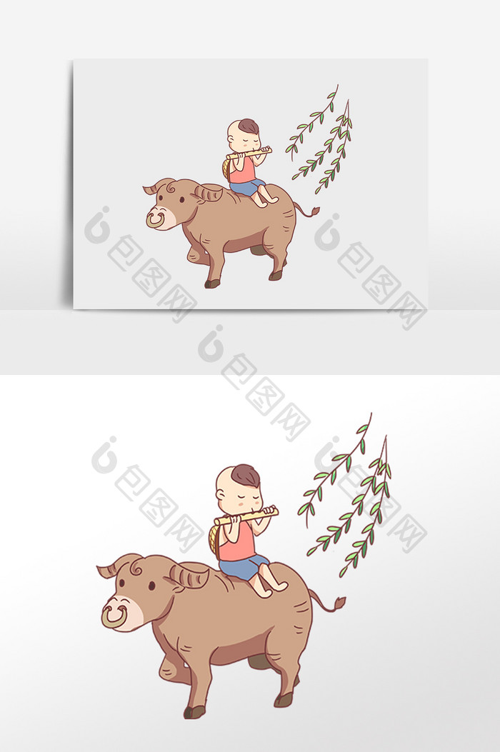 手绘清明节牧童骑牛插画