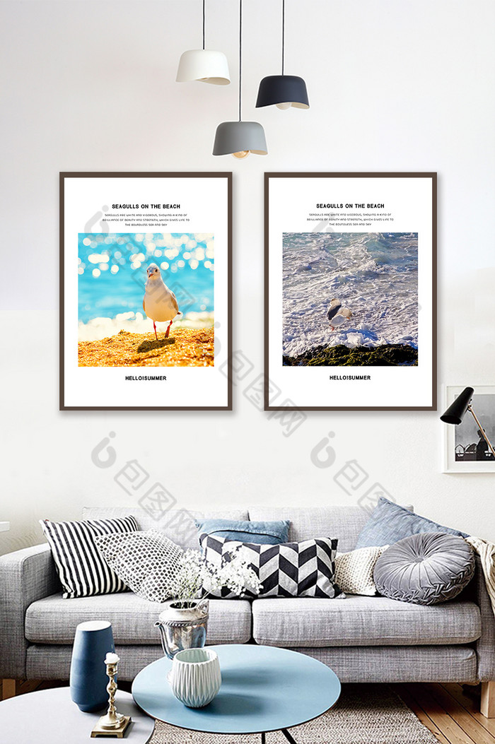 夏天海洋沙滩海鸥飞鸟风景双联装饰画图片图片
