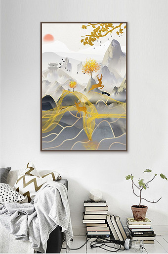 金色抽象发财树麋鹿新中式玄关晶瓷装饰画图片