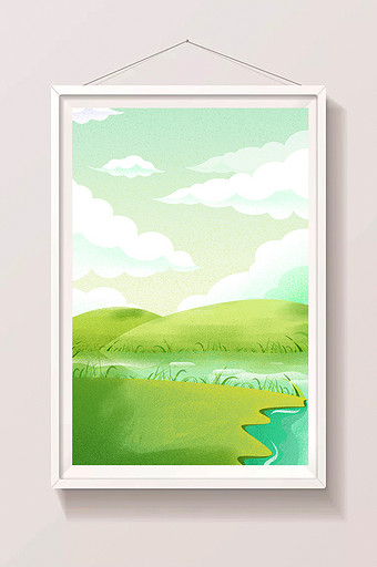 手绘春天流淌的河水插画背景图片
