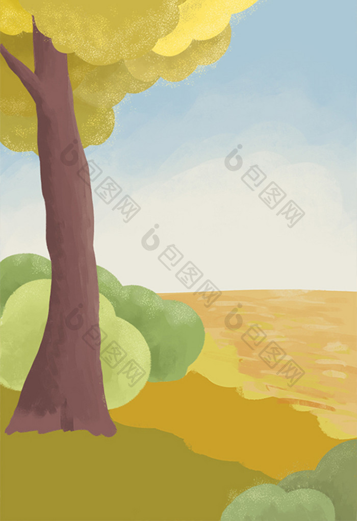 手绘草地上的大树插画背景