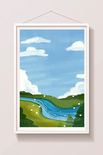 手绘春天山下的流水插画背景图片