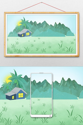 手绘草地上的小房子插画背景图片