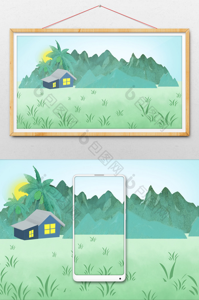 手绘草地上的小房子插画背景