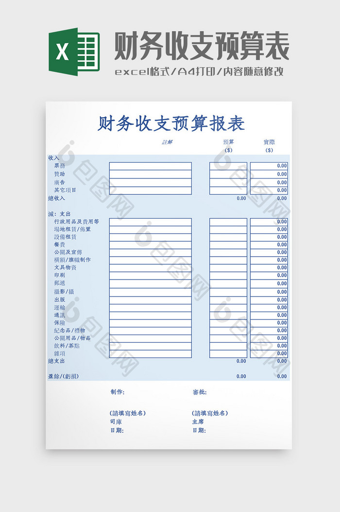 财务收支预算表Excel模板