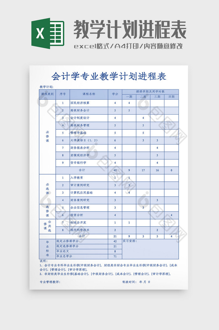 会计学专业教学计划进程表Excel模板