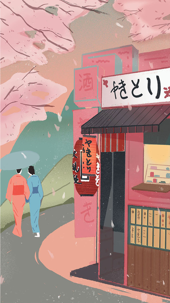 版画风格日本浮世绘街道gif插画图片