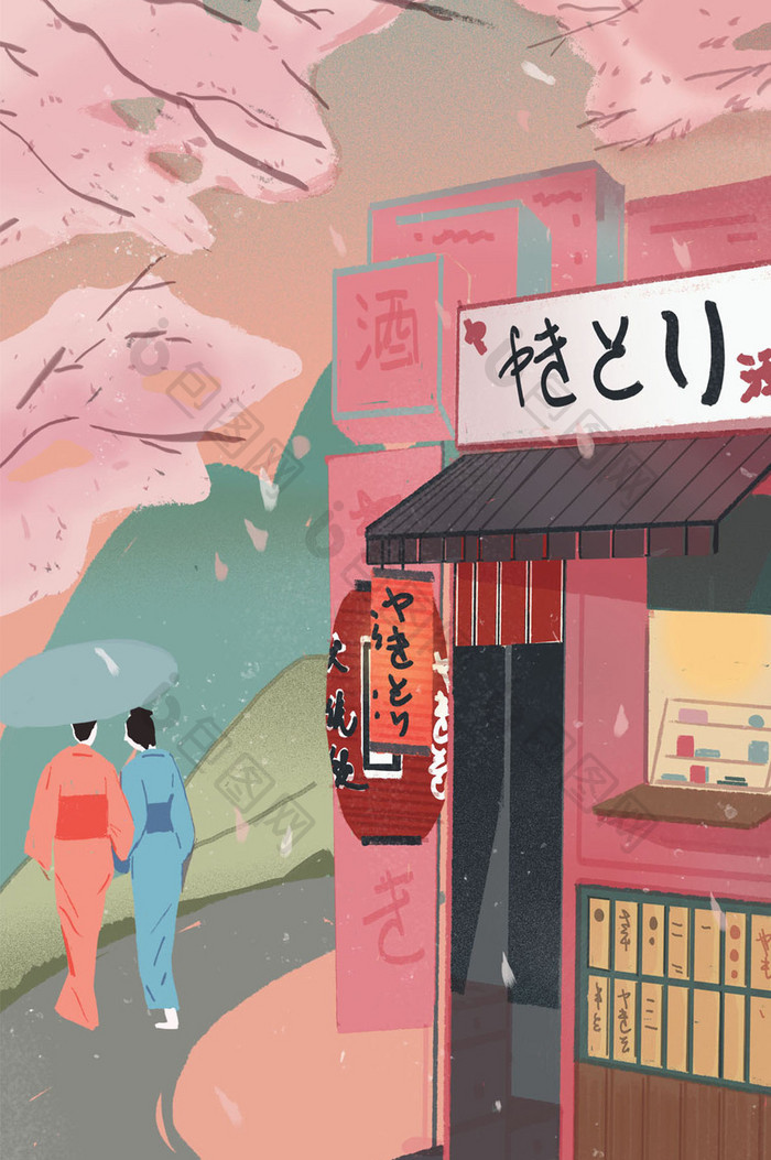 版画风格日本浮世绘街道gif插画