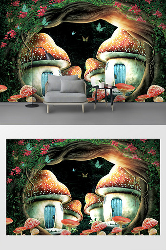 新现代藤树蘑菇抽象房子背景墙图片