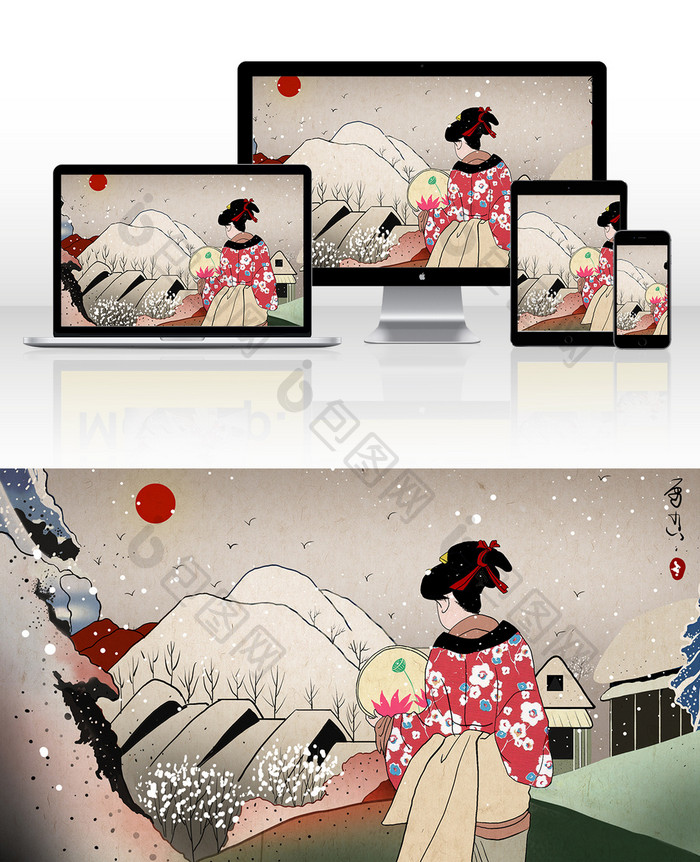 浮世绘冬季美女赏雪中国风gif传统挂画