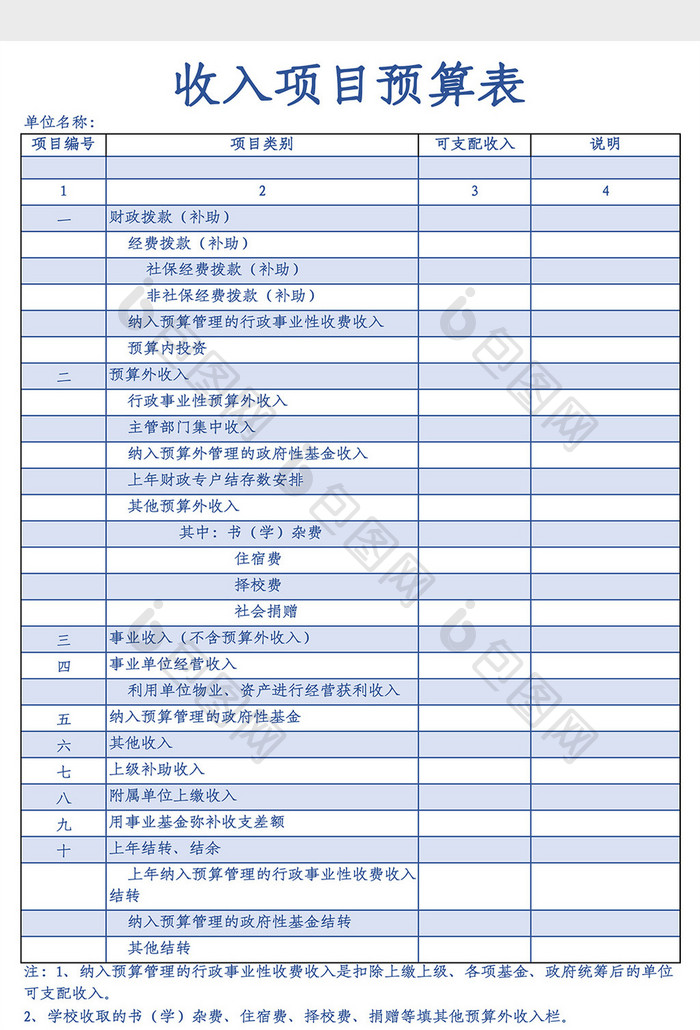 收入项目预算表Excel模板